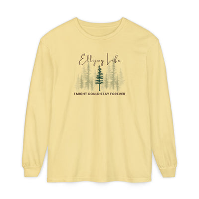 Yellow comfort colors long sleeve t-shirt with nature-themed graphic and text "Ellijay Life - I Might Could Stay Forever"  