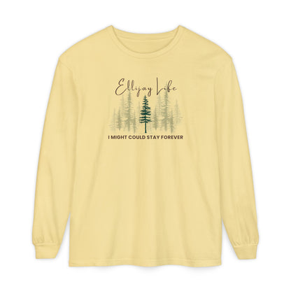 Yellow comfort colors long sleeve t-shirt with nature-themed graphic and text "Ellijay Life - I Might Could Stay Forever"  