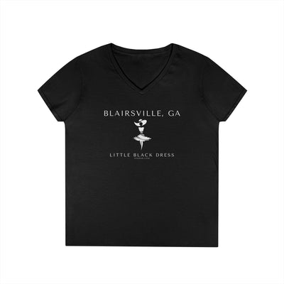 Black v-neck t-shirt with stylish woman in a dress and fancy southern hat and text "Blairsville, GA. - Little Black Dress" 