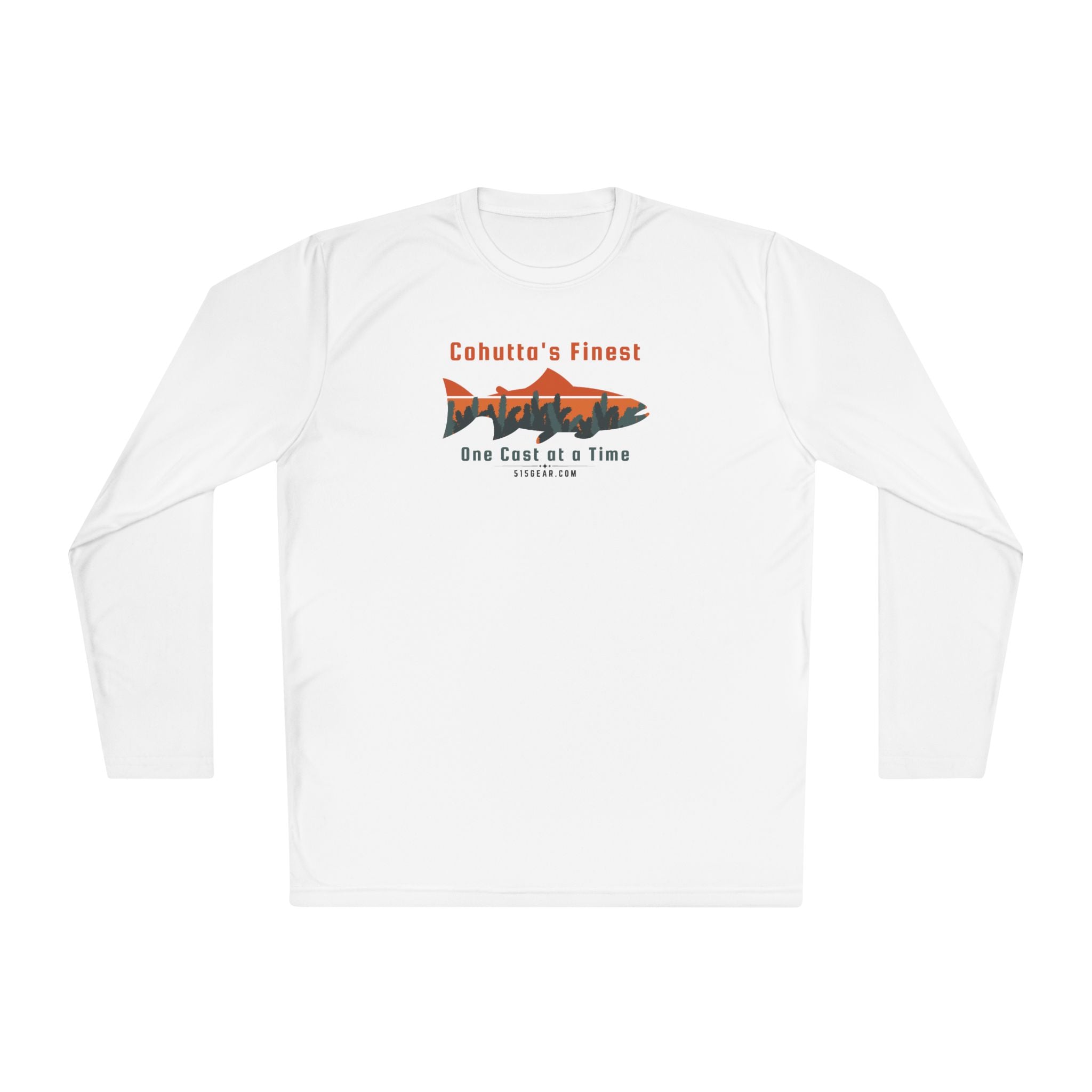 White long-sleeve performance moisture wicking t-shirt with fishing theme saying Cohutta's Finest One Cast at a Time by 515Gear.com
