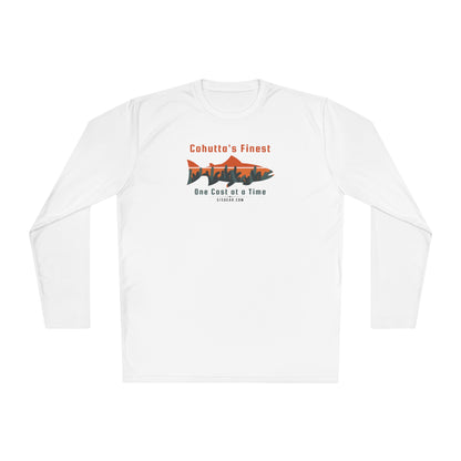 White long-sleeve performance moisture wicking t-shirt with fishing theme saying Cohutta's Finest One Cast at a Time by 515Gear.com