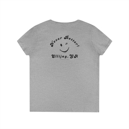 Gray women's v-neck shirt with a winking smiley face and "never better - Ellijay GA" text on the back by 515Gear.com