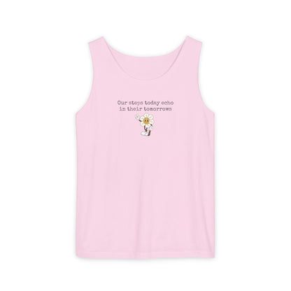 Pink tank top with text "Our steps today echo in their tomorrows" and anthropomorphic hippy flower graphic