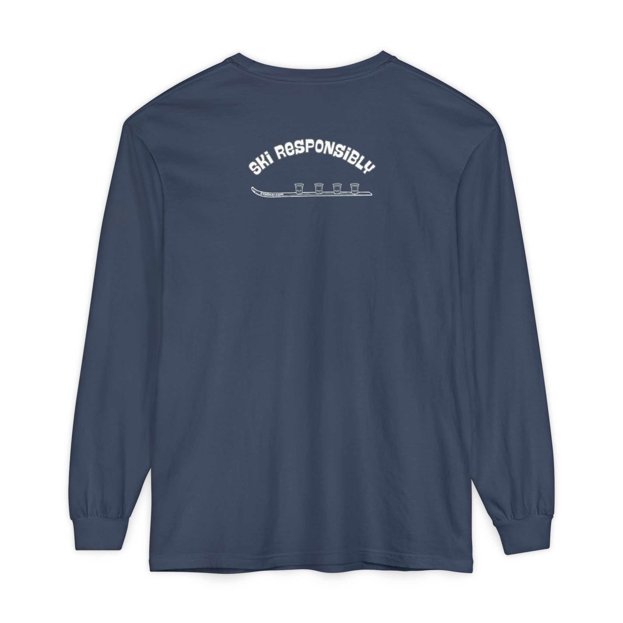 Navy long-sleeve shirt with 'Ski Responsibly' text on and shotski graphic