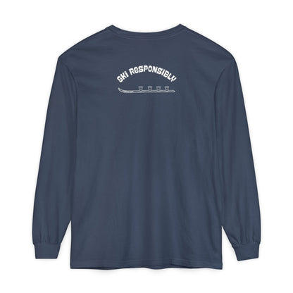 Navy long-sleeve shirt with 'Ski Responsibly' text on and shotski graphic