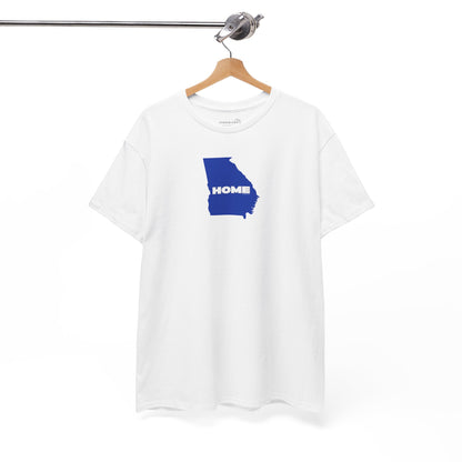 White t-shirt Unisex Heavy Cotton Tee, 100% cotton with State of Georgia graphic and text "HOME" in college colors (Georgia State University)