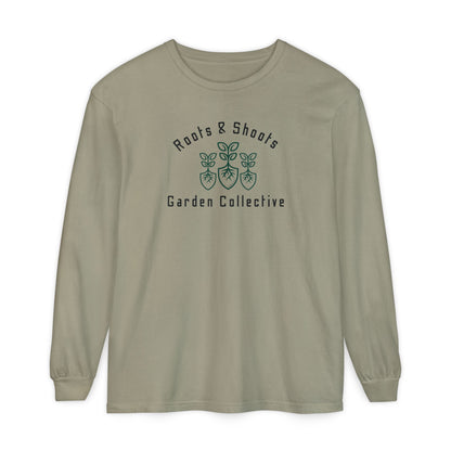 Olive long-sleeve shirt with 'Roots & Shoots Garden Collective' logo on a white background