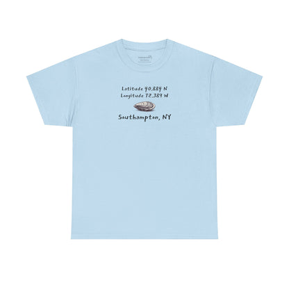 Light blue t-shirt with oyster graphic and text "latitude and longitude - Southampton NY"