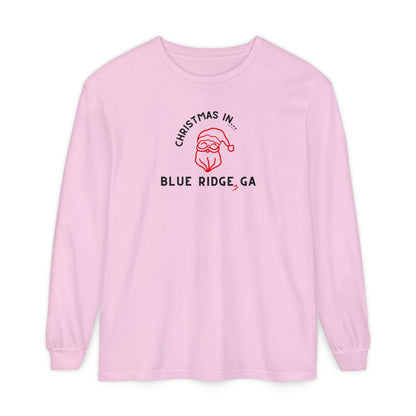 Pink Comfort Colors long-sleeve shirt with Santa and text "Christmas in Blue Ridge, GA"