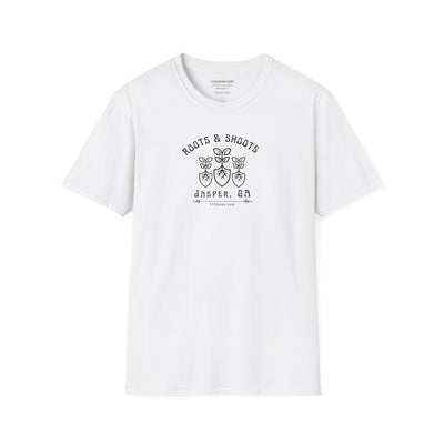 unisex adult T-shirt, Roots & Shoots, Garden shovel root leaf graphic, 515Gear.com | Jasper, GA | celebrate gardening