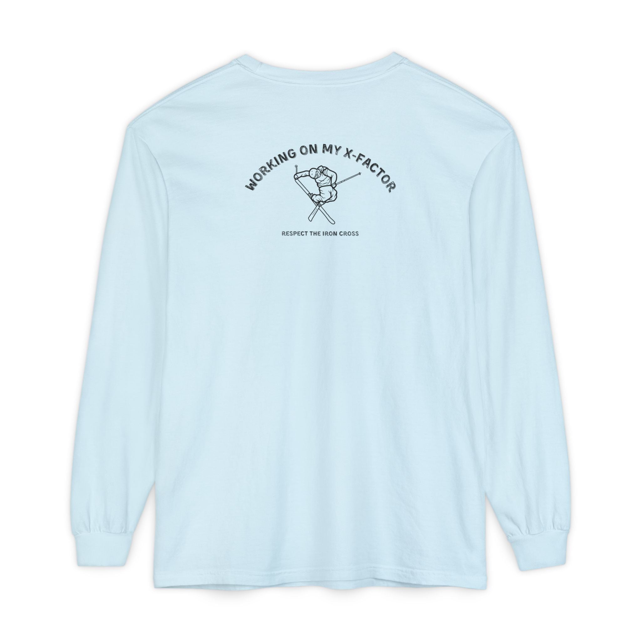 Light long-sleeve unisex Comfort Color t-shirt with ski jump graphic and text Working on my X-Factor Respect the Iron Cross