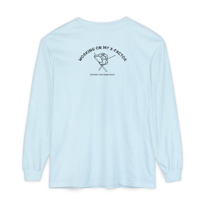 Light long-sleeve unisex Comfort Color t-shirt with ski jump graphic and text Working on my X-Factor Respect the Iron Cross
