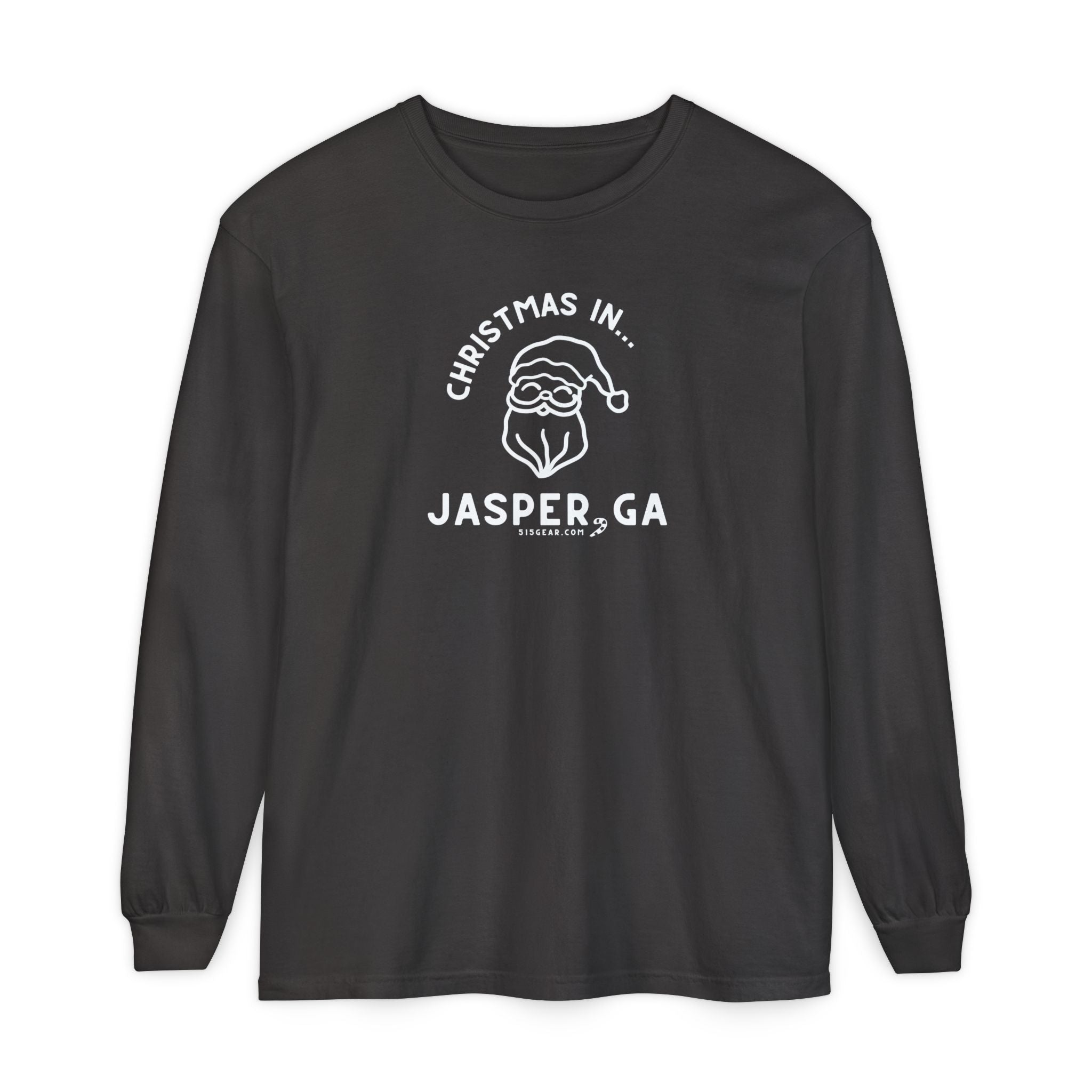 Charcol Comfort Colors Long Sleeve Tee with red Santa Claus graphic and "Jasper, GA" text by 515Gear.com