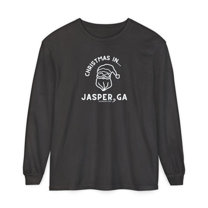 Charcol Comfort Colors Long Sleeve Tee with red Santa Claus graphic and "Jasper, GA" text by 515Gear.com