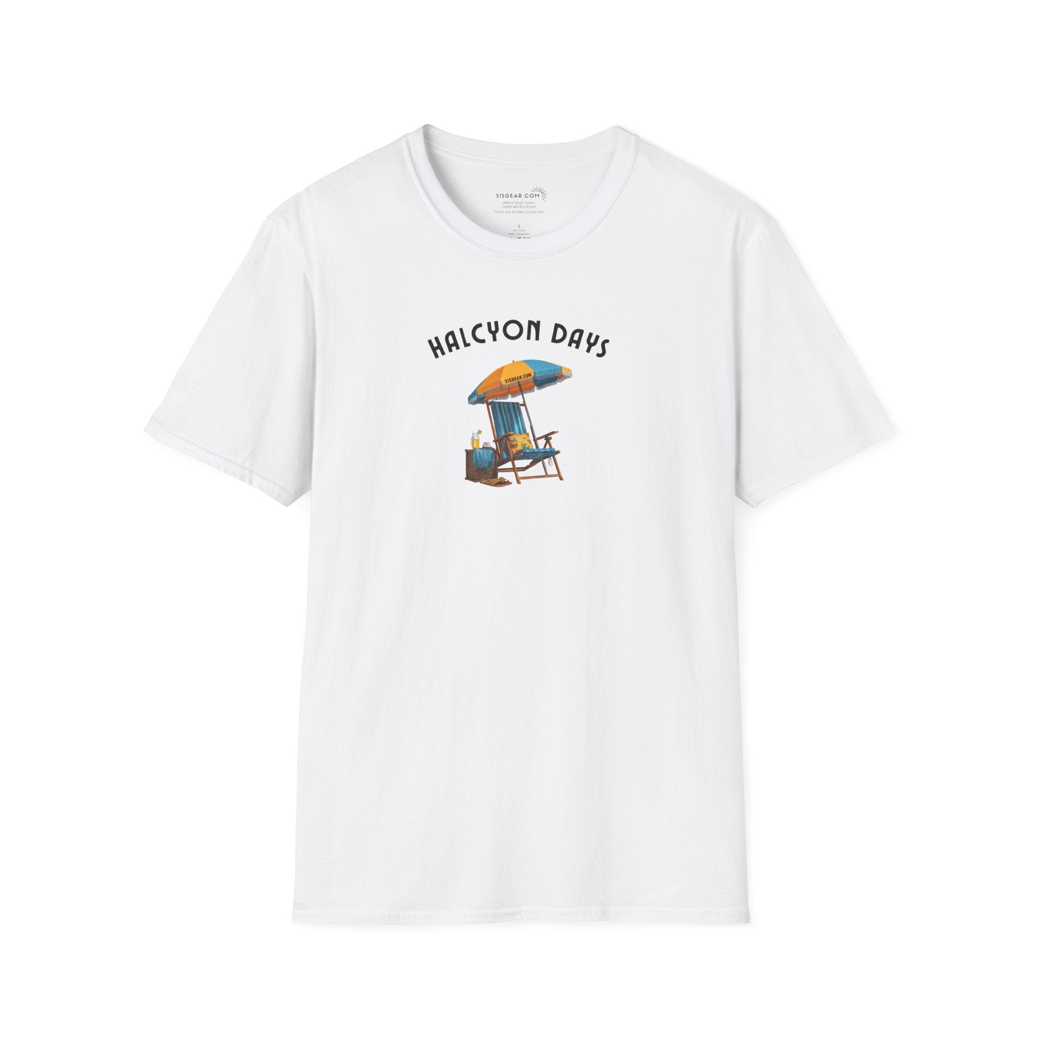 White unisex t-shirt with text "Halcyon Days" and beach chair with umbrella graphic