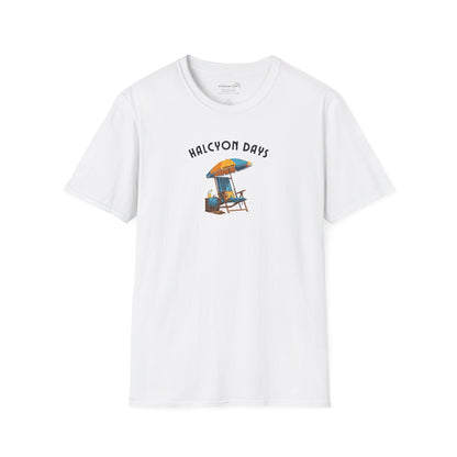 White unisex t-shirt with text "Halcyon Days" and beach chair with umbrella graphic