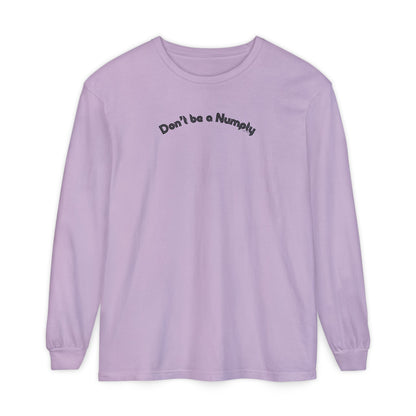 Purple long-sleeve shirt with text 'Don't be a Numpty' on a white background