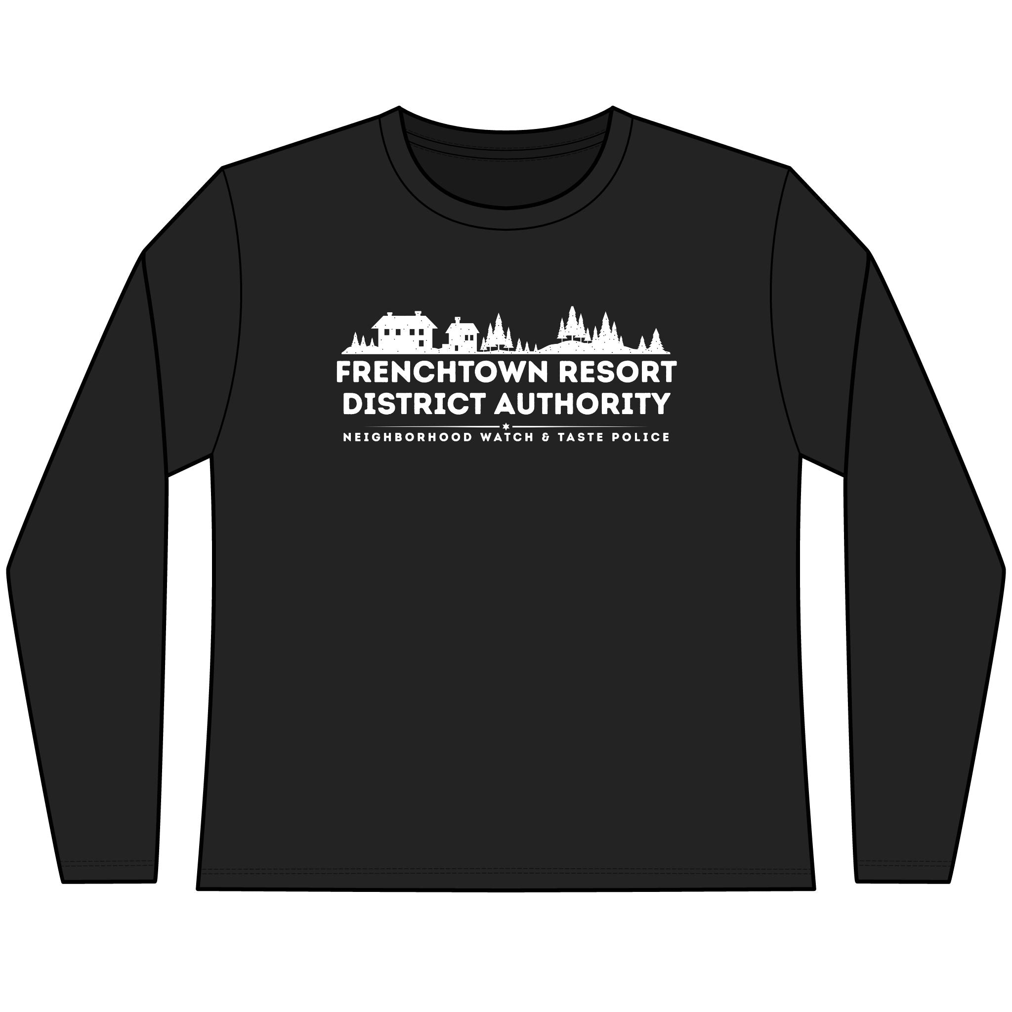 Black Women's long-sleeve tee with text Frenchtown Resort District Authority Neighborhood Watch & Taste Police