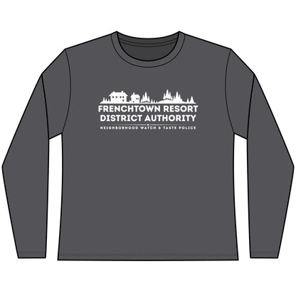 Grey Women's long-sleeve tee with text Frenchtown Resort District Authority Neighborhood Watch & Taste Police