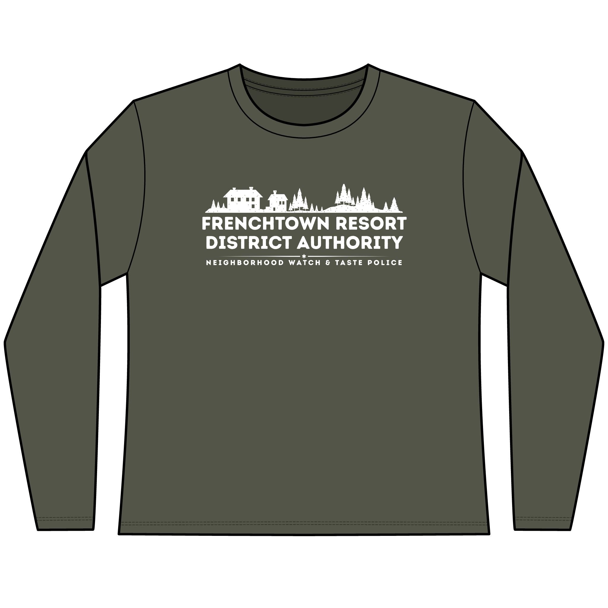 Green Women's long-sleeve tee with text Frenchtown Resort District Authority Neighborhood Watch & Taste Police