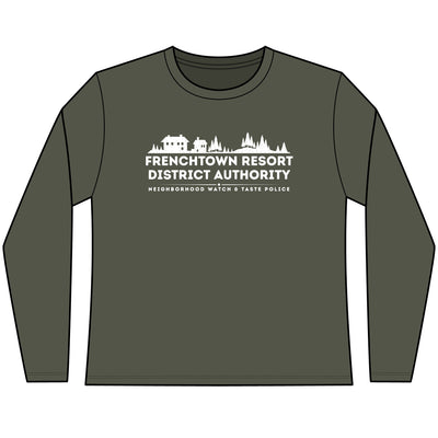 Green Women's long-sleeve tee with text Frenchtown Resort District Authority Neighborhood Watch & Taste Police