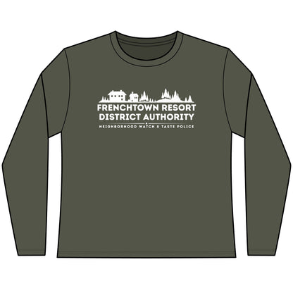 Green Women's long-sleeve tee with text Frenchtown Resort District Authority Neighborhood Watch & Taste Police