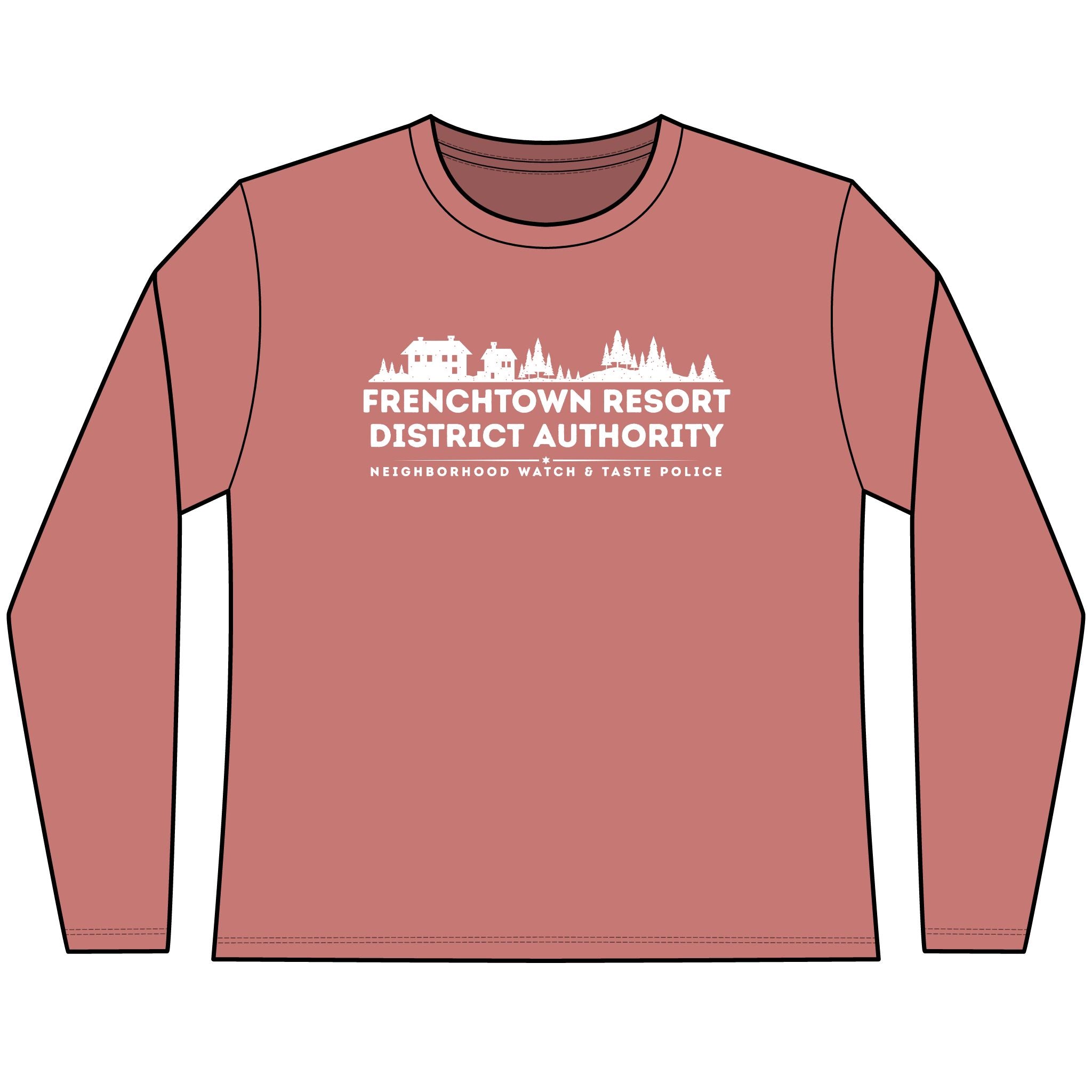 Red Women's long-sleeve tee with text Frenchtown Resort District Authority Neighborhood Watch & Taste Police