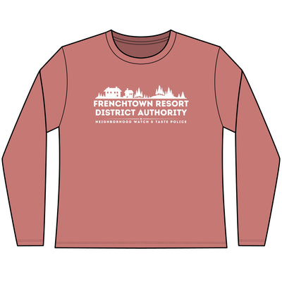 Red Women's long-sleeve tee with text Frenchtown Resort District Authority Neighborhood Watch & Taste Police