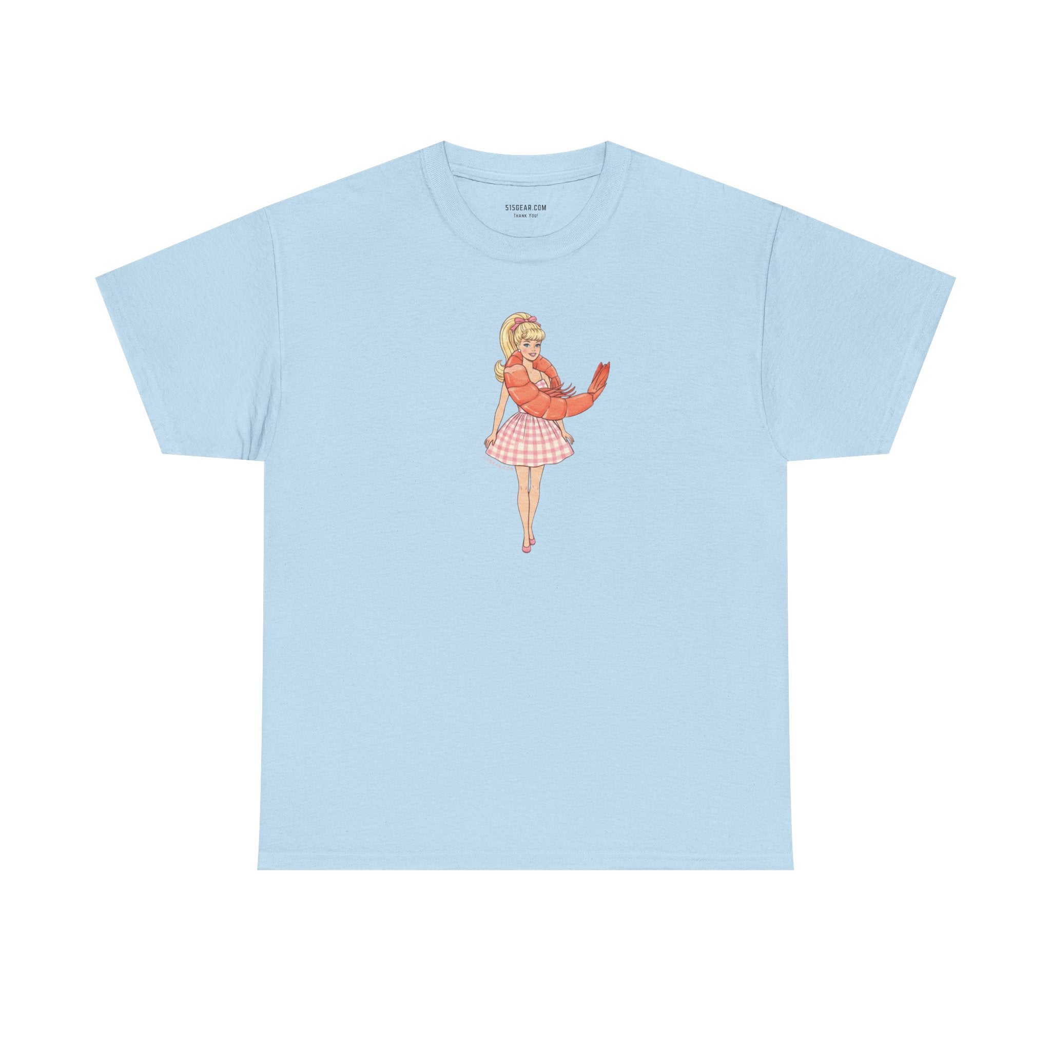 Light blue unisex Gildan 100% cotton tee with Barbie wearing a shrimp graphic as a "Shrimp on the Barbie" pun