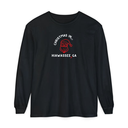 Black long-sleeve unisex Comfort Colors t-shirt with Christmas graphic and text "Christmas in Hiawassee, GA"