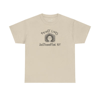 Beige t-shirt with privet beach pathway illustration and text "Privet Lives - Southampton, NY"