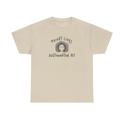 Beige t-shirt with privet beach pathway illustration and text "Privet Lives - Southampton, NY"