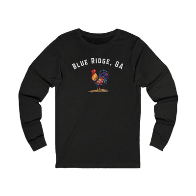 Black long-sleeve shirt with 'Blue Ridge, GA' and rooster graphic on a white background