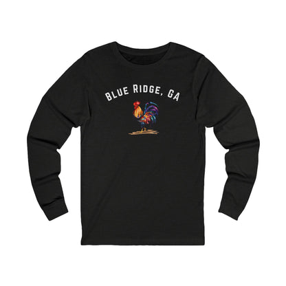 Black long-sleeve shirt with 'Blue Ridge, GA' and rooster graphic on a white background