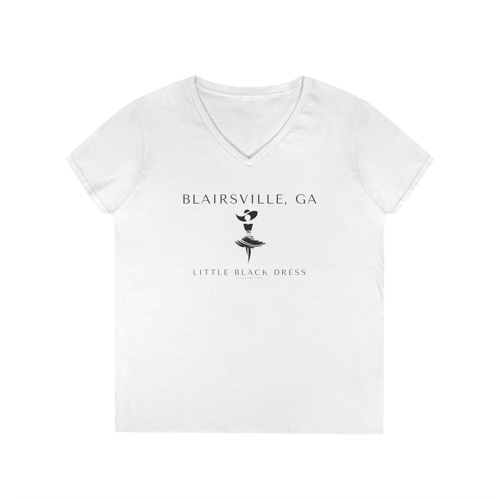 White v-neck t-shirt with stylish woman in a dress and fancy southern hat and text "Blairsville, GA. - Little Black Dress" 