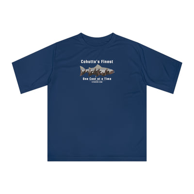 Navy Blue performance t-shirt with fishing theme graphic and text 'Cohutta's Finest One Cast at a Time'