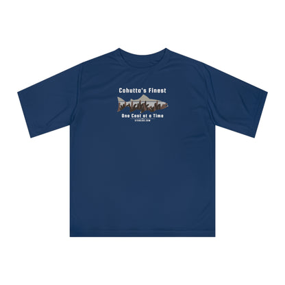 Navy Blue performance t-shirt with fishing theme graphic and text 'Cohutta's Finest One Cast at a Time'