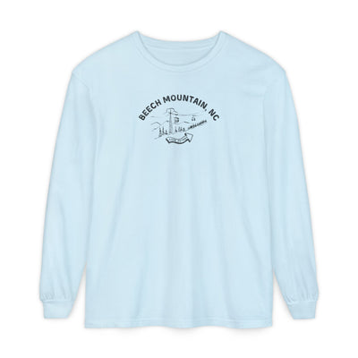 Light blue comfort color long-sleeve t-shirt with text 'Beech Mountain, NC - 5506 Skybar'