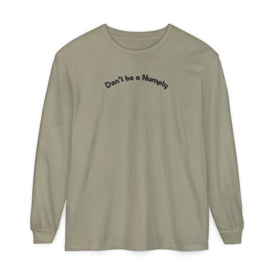 Sandy brown long-sleeve shirt with text 'Don't be a Numpty' on a white background