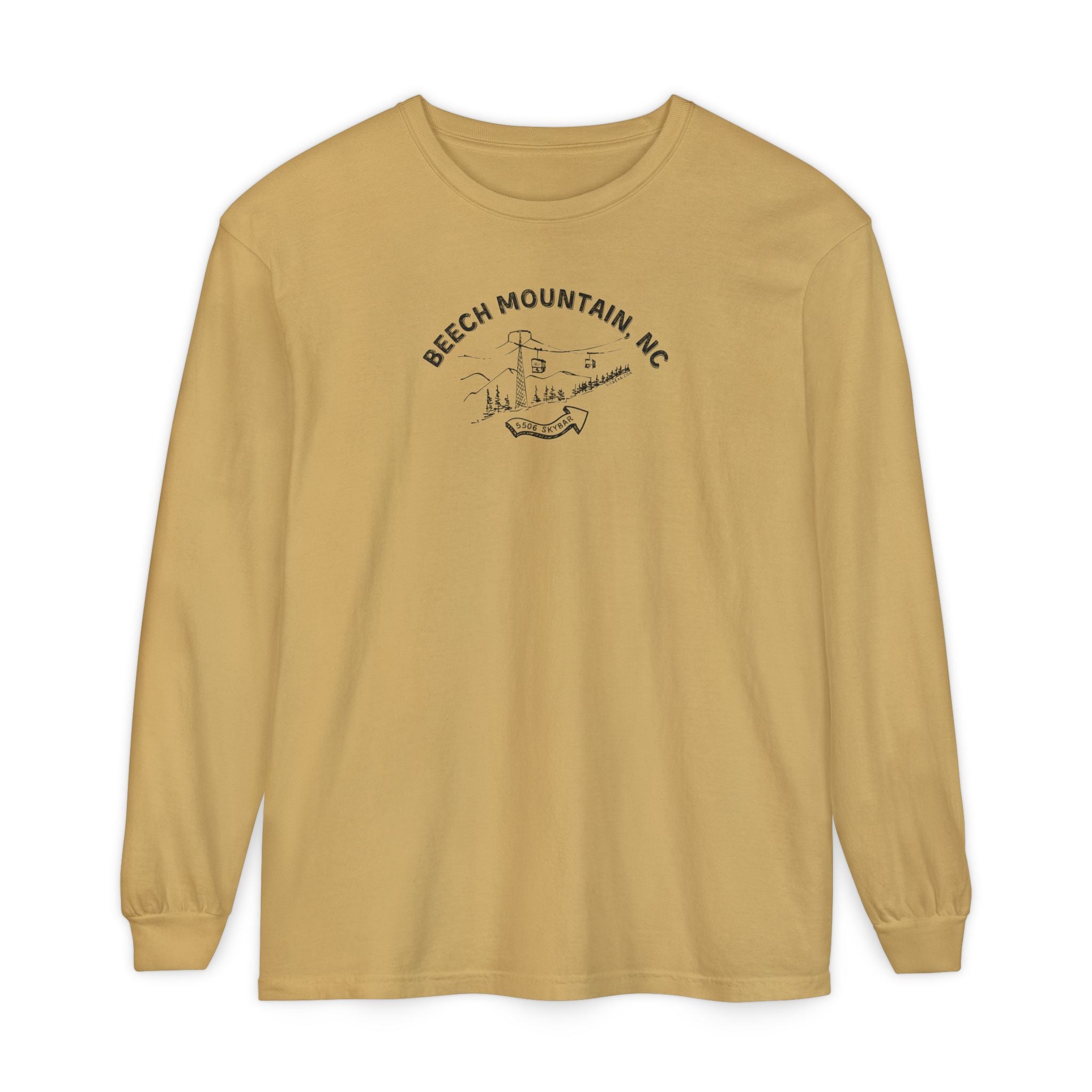 Mustard comfort color long-sleeve t-shirt with text 'Beech Mountain, NC - 5506 Skybar'
