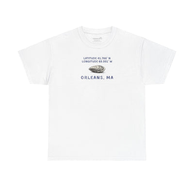 White t-shirt with oyster graphic and rustic text "Latitude 41.788 N, Longitude 69.991 W - Orleans, MA" 
