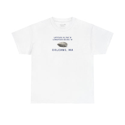 White t-shirt with oyster graphic and rustic text "Latitude 41.788 N, Longitude 69.991 W - Orleans, MA" 
