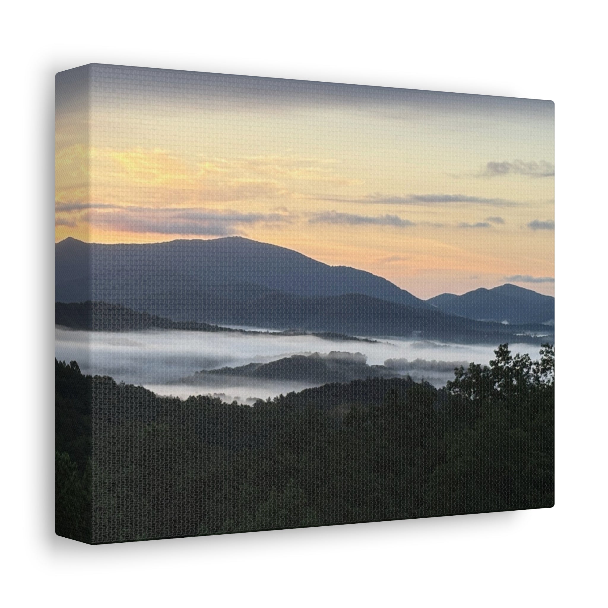 Surreal misty mountain sunrise in the blue ridge mountains canvas wall print on a white wall