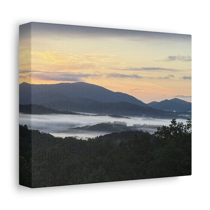 Surreal misty mountain sunrise in the blue ridge mountains canvas wall print on a white wall