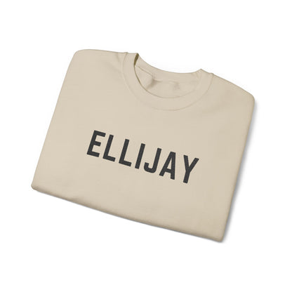 Folded beige sweatshirt with 'ELLIJAY' embroidered on a white background