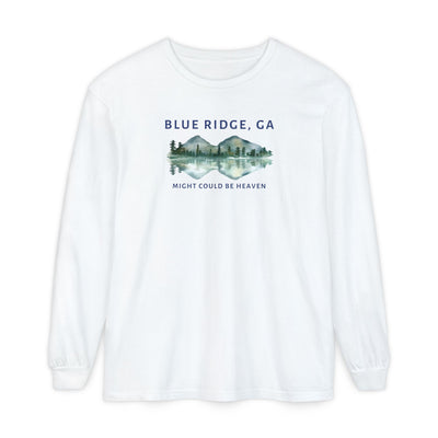 White Comfort Colors long-sleeve shirt with 'Blue Ridge, GA - Might Could Be Heaven" text and Mountain & Lake graphic