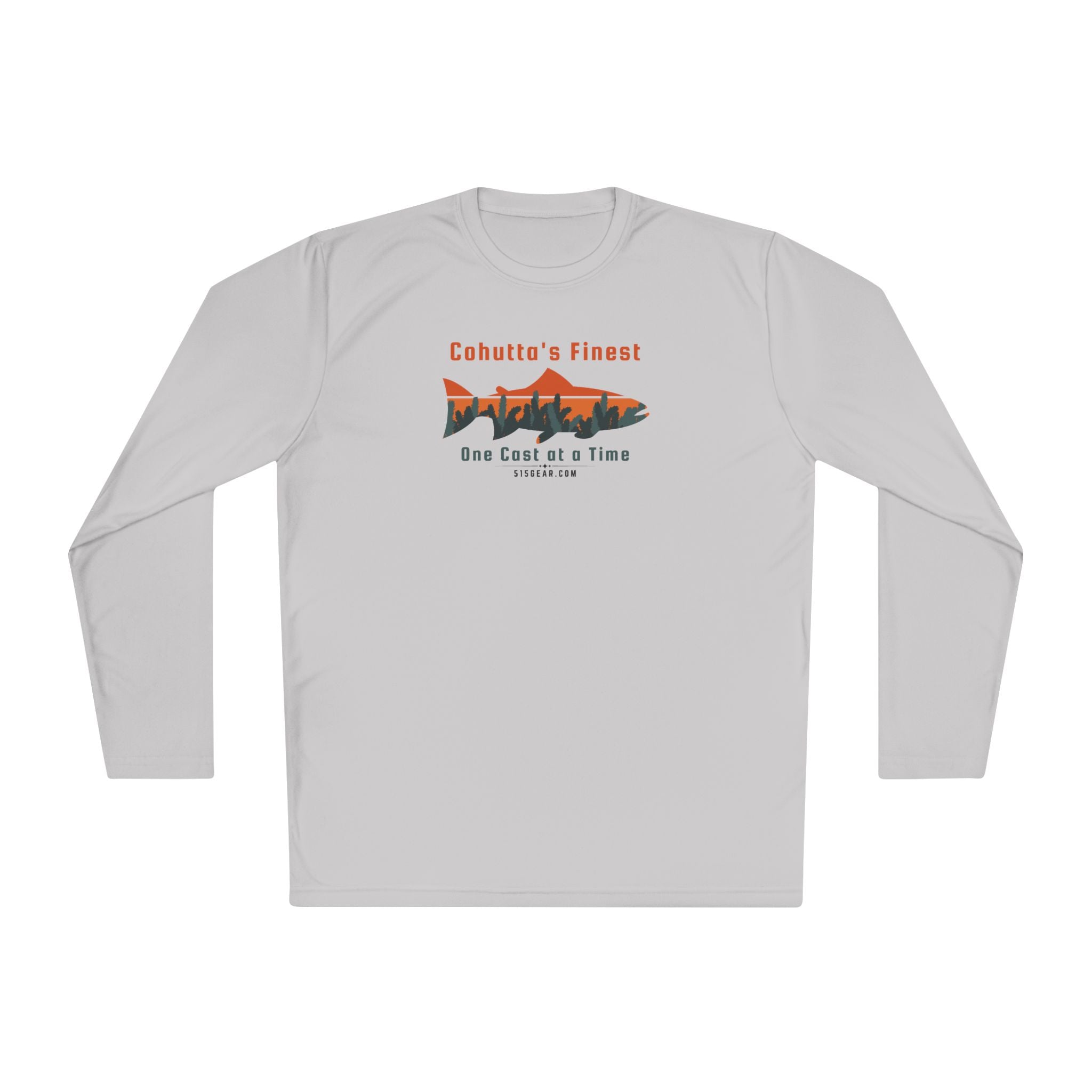Gray long-sleeve performance moisture wicking t-shirt with fishing theme saying Cohutta's Finest One Cast at a Time by 515Gear.com