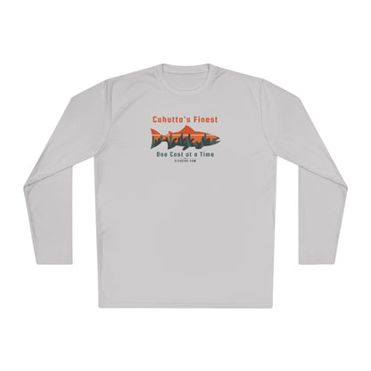 Gray long-sleeve performance moisture wicking t-shirt with fishing theme saying Cohutta's Finest One Cast at a Time by 515Gear.com