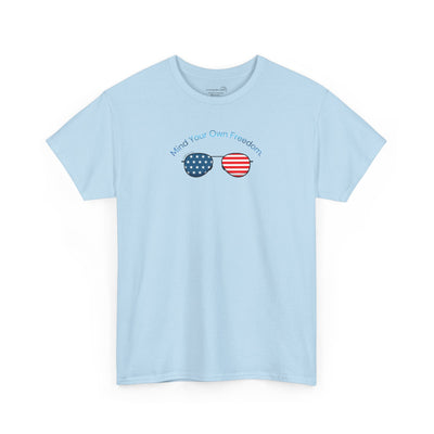 Light blue t-shirt with American Flag sunglasses and text "Mind Your Own Freedom"