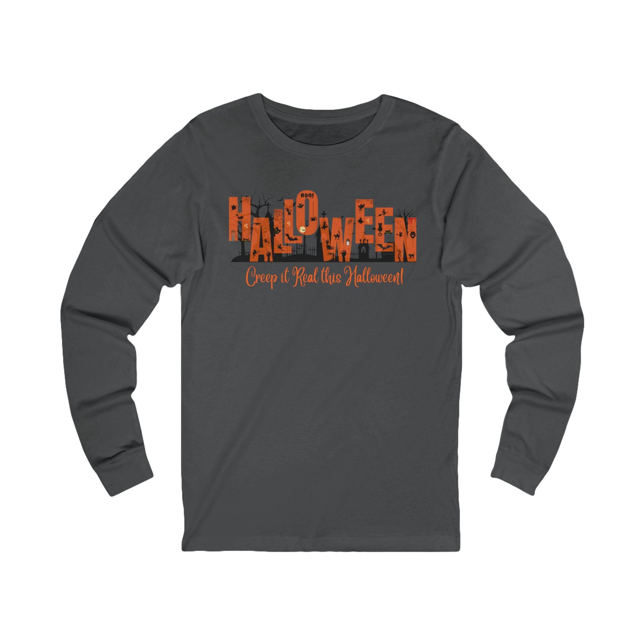 charcoal unisex long sleeve t-shirt with halloween graphic of a cemetery and larger text "Halloween" and small text "Creep It Real This Halloween" by 515Gear.com 
